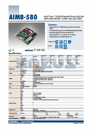 AIMB-580QG2-00A1E datasheet - Intel^ Core i7/i5/i3/Pentium^/Xeon LGA1156 mATX with CRT/DVI, 4 COM, Dual LAN, DDR3