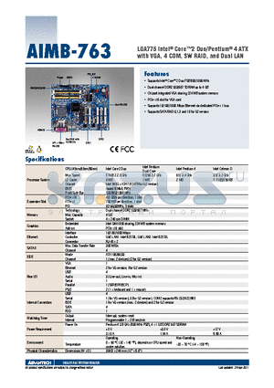 AIMB-763G2-00A1E datasheet - LGA775 Intel^ Core2 Duo/Pentium^ 4 ATX with VGA, 4 COM, SW RAID, and Dual LAN