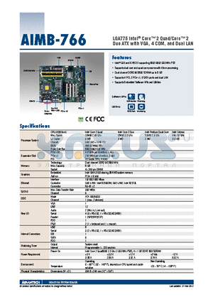 AIMB-766VG-00A2E datasheet - LGA775 Intel^ Core 2 Quad/Core 2 Duo ATX with VGA, 4 COM, and Dual LAN