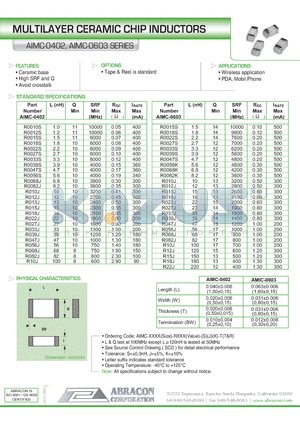 AIMC-0603 datasheet - MULTILAYER CERAMIC CHIP INDUCTORS