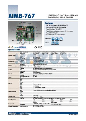AIMB-767G2-00A1E datasheet - LGA775 Intel^ Core2 Quad ATX with Dual VGA/DVI, 4 COM, Dual LAN