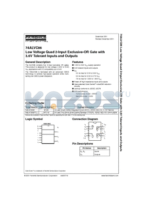 74ALVC86MTC datasheet - Low Voltage Quad 2-Input Exclusive-OR Gate with 3.6V Tolerant Inputs and Outputs