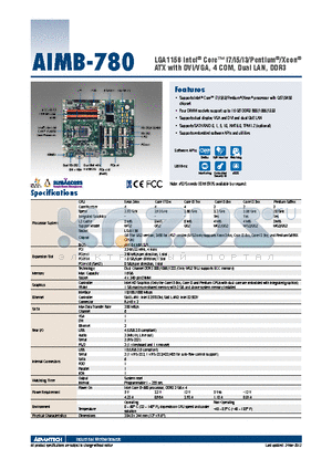 AIMB-780_12 datasheet - LGA1156 Intel^ Core i7/i5/i3/Pentium^/Xeon^ ATX with DVI/VGA, 4 COM, Dual LAN, DDR3