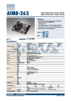 AIMB-LVDS-00A1E datasheet - Intel^ LGA775 Core2 Duo LGA775 Mini-ITX with CRT, 4 COM, and LAN