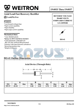 1N4937 datasheet - Axial Lead Fast Recovery Rectifier REVERSE VOLTAGE 50-600 VOLTS FORWARD CURRENT 1.0 AMPERE