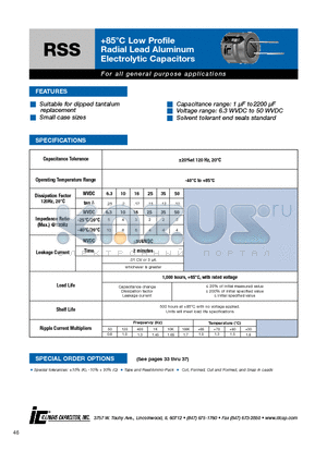 106RSS050M datasheet - 85`C Low Profile 85`C Low Profile Electrolytic Capacitors