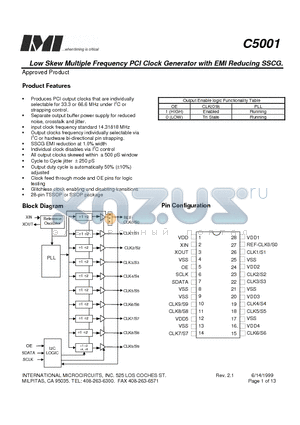 C5001 datasheet - Low Skew Multiple Frequency PCI Clock Generator with EMI Reducing SSCG.