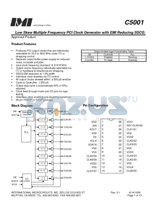 C5001B datasheet - Low Skew Multiple Frequency PCI Clock Generator with EMI Reducing SSCG.