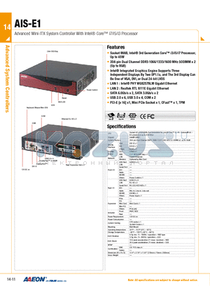 AIS-E1-QM67-001 datasheet - Advanced Mini-ITX System Controller With Intel Core i7/i5/i3 Processor