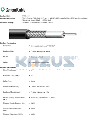 C50254101 datasheet - C5025, Coaxial Cable, RG11/U Type, 14 AWG Solid Copper Clad Steel, 97% Bare Copper Braid