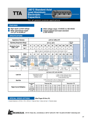 106TTA100M datasheet - 85`C Standard Axial Lead Aluminum Electrolytic Capacitors