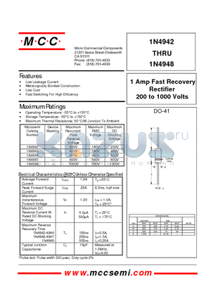 1N4942 datasheet - 1 Amp Fast Recovery Rectifier 200 to 1000 Volts