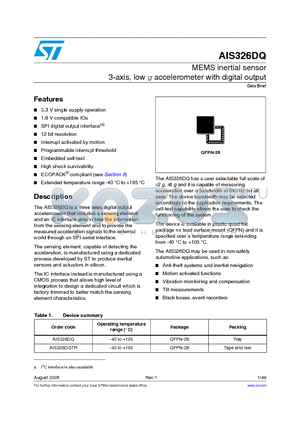 AIS326DQ datasheet - MEMS inertial sensor 3-axis, low g accelerometer with digital output