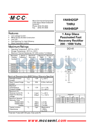 1N4942GP datasheet - 1 Amp Glass Passivated Fast Recovery Rectifier 200 - 1000 Volts