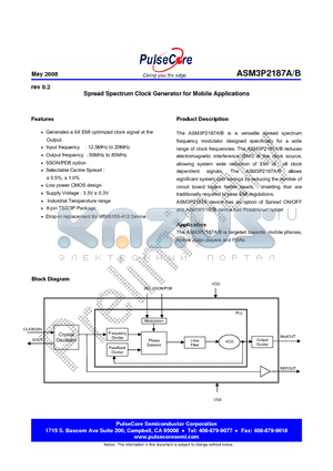 ASM3I2187BG-08TT datasheet - Spread Spectrum Clock Generator for Mobile Applications