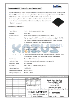 1070.0049 datasheet - Touch Controller Chip Combo, RS232 / USB