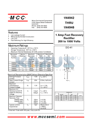 1N4948 datasheet - 1 Amp Fast Recovery Rectifier 200 to 1000 Volts