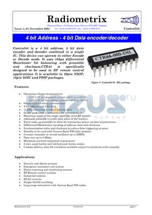 CTR44-000-SS datasheet - 4 bit Address - 4 bit Data encoder/decoder