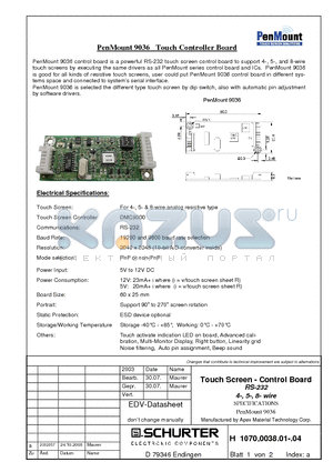 1070003801 datasheet - Touch Screen - Control Board