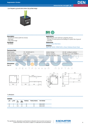 DEN-25-0001 datasheet - Low frequency ground wire choke, fully potted resign