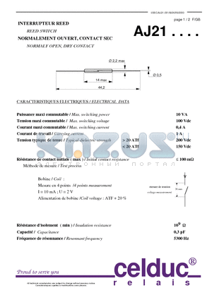 AJ21 datasheet - REED SWITCH NORMALY OPEN, DRY CONTACT