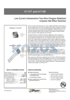 A1148 datasheet - Low Current Ultrasensitive Two-Wire Chopper-Stabilized Unipolar Hall Effect Switches