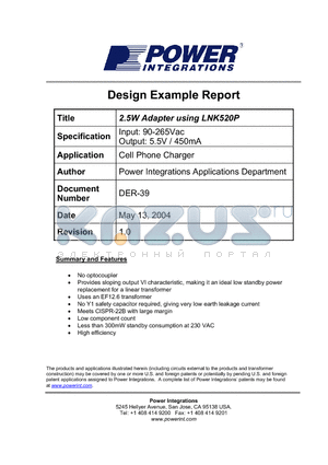 DER-39 datasheet - 2.5W Adapter using LNK520P