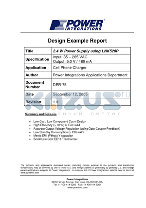 DER-75 datasheet - 2.4 W Power Supply using LNK520P