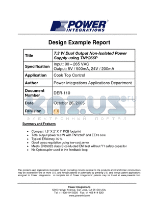 DER-110 datasheet - 7.3 W Dual Output Non-Isolated Power Supply using TNY266P