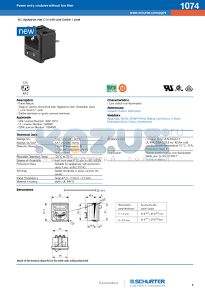 1074 datasheet - IEC Appliance Inlet C14 with Line Switch 1-pole