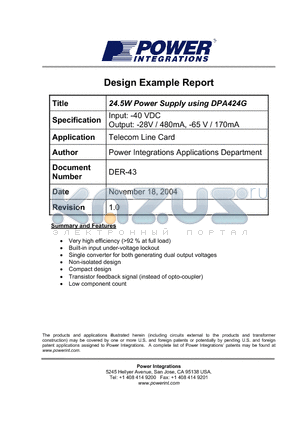 DER-43 datasheet - 24.5W Power Supply using DPA424G