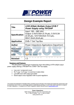 DER-46 datasheet - 4.5W (6Wpk) Multiple Output DVB-T Power Supply using TNY264P