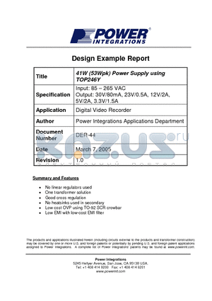 DER-44 datasheet - 41W (53Wpk) Power Supply using TOP246Y