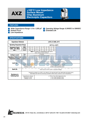 107AXZ016M datasheet - 105`C Low Impedance Surface Mount Chip Aluminum Electrolytic Capacitors