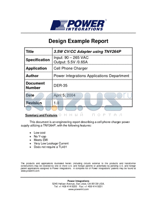 DER-35 datasheet - 3.5W CV/CC Adapter using TNY264P