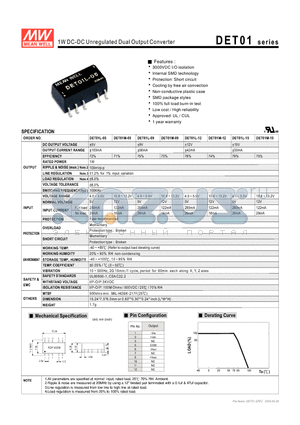 DET01L-05 datasheet - 1W DC-DC Unregulated Dual Output Converter