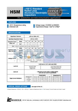 107HSM025M datasheet - 125`C Standard Radial Lead Aluminum Electrolytic Capacitors