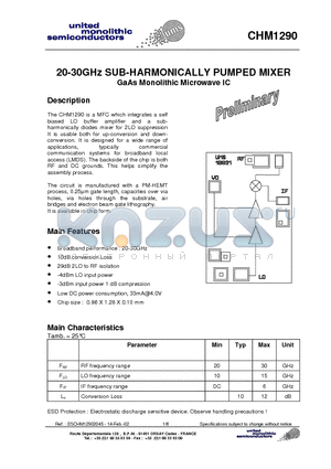 CHM1290-99F/00 datasheet - 20-30GHz SUB-HARMONICALLY PUMPED MIXER