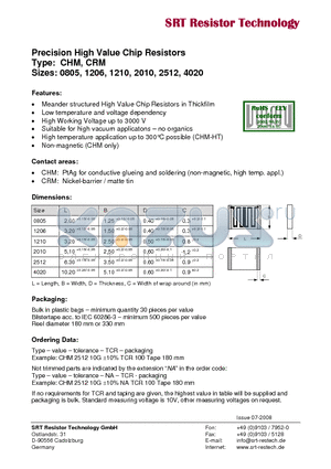 CHM1210 datasheet - Precision High Value Chip Resistors