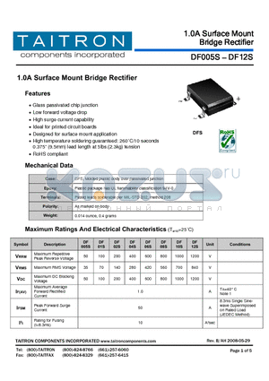 DF005S datasheet - 1.0A Surface Mount Bridge Rectifier