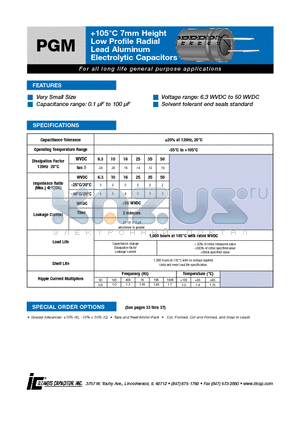 107PGM6R3M datasheet - 105`C 7mm Height Low Profile Radial Lead Aluminum Electrolytic Capacitors