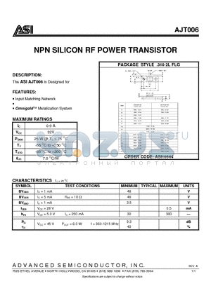 AJT006 datasheet - NPN SILICON RF POWER TRANSISTOR