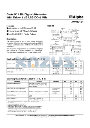 AK002D4-24 datasheet - GaAs IC 4 Bit Digital Attenuator With Driver 1 dB LSB DC-2 GHz