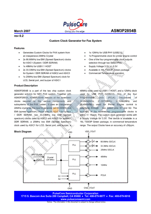 ASM3P2854BG-16-TR datasheet - Custom Clock Generator for Fax System