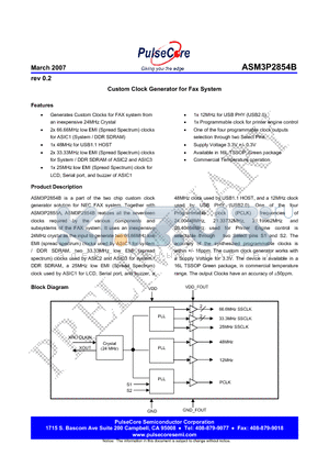 ASM3P2854BG-16-TT datasheet - Custom Clock Generator for Fax System