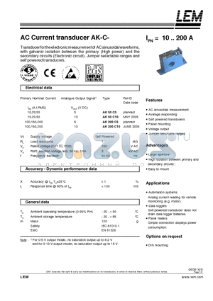 AK200C10 datasheet - AC Current transducer