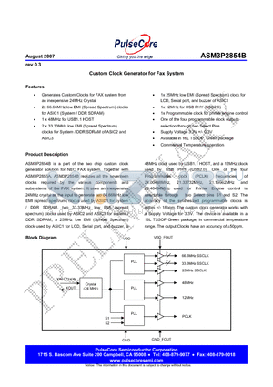 ASM3P2854BG-16TR datasheet - Custom Clock Generator for Fax System