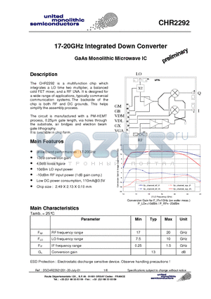 CHR2292-99F/00 datasheet - 17-20GHz Integrated Down Converter
