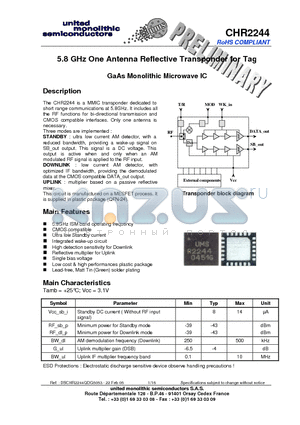 CHR2244 datasheet - 5.8 GHz One Antenna Reflective Transponder for Tag GaAs Monolithic Microwave IC