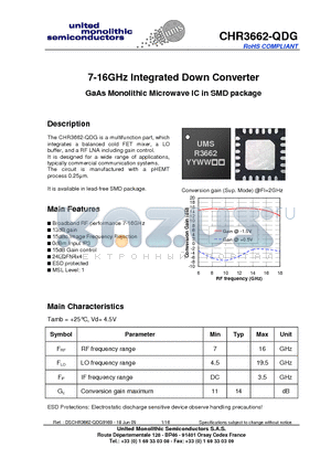 CHR3662-QDG datasheet - 7-16GHz Integrated Down Converter GaAs Monolithic Microwave IC in SMD package